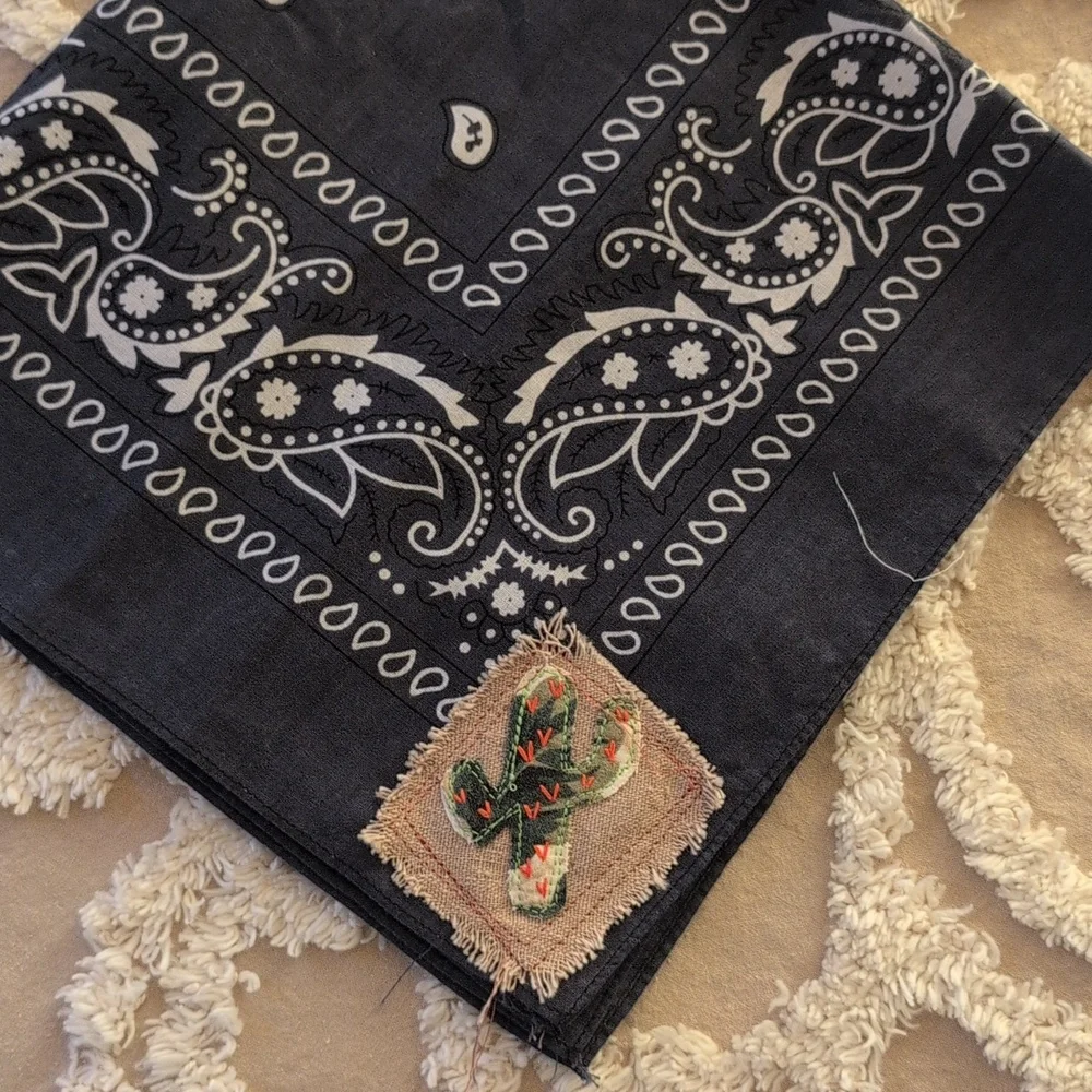 Bandana scarf w cactus, upcycled, embroidery cactus patch, Pick 1 HANDMADE ITEM - Picture 9 of 16